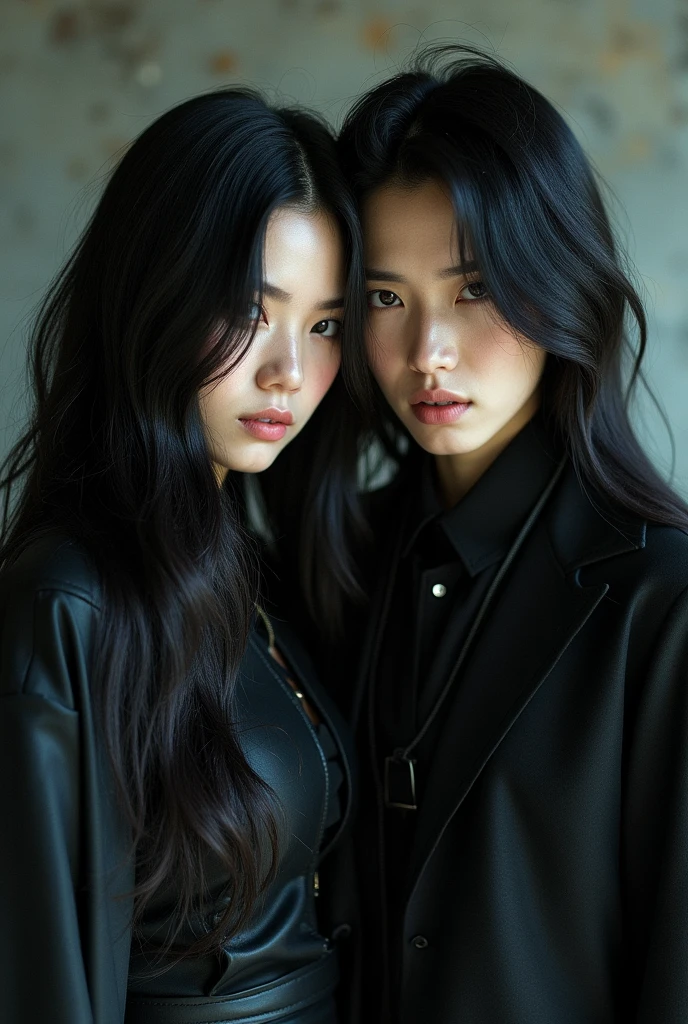 ```Masterpiece portrait photo of 1990s amateur, two Korean female actresses with futanari wearing ultra real black leather double trench long coat with 8K ultra real black leather long opera gloves handjob mass (ejaculation:1.5)```