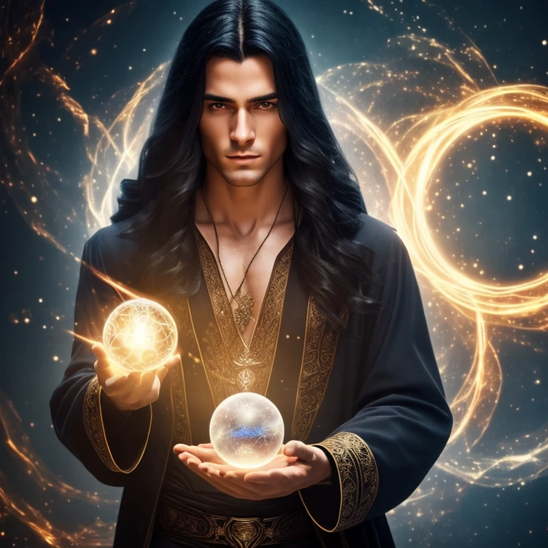 a young handsome androgynous wizard with long black hair, no beard, perfect hands, perfect gaze, holding a magic sphere, surrounded by magical elements, (best quality,4k,8k,highres,masterpiece:1.2),ultra-detailed,(realistic,photorealistic,photo-realistic:1.37),intricate details,dark fantasy,dramatic lighting,cinematic,moody atmosphere,vivid colors,glowing magic effects