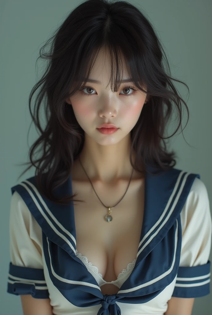 Nsfw, top quality, Photos in RAW format, realistic face, incredibly beautiful girl, Cute, silky, Smooth and shiny hair, Depth of written border, a high resolution, super detailed, extremely detailed eyes and face, Sharp students, Realistic students, Sharp Focus, Cinema Lighting, small, (small breasts:1.2), (slim, , Gentle), thin hips, (slim waist:1.2), Delicate and sexy collarbone, (sailor suit:1.2), (Lifting sailor suit to show off a small Cute bra:1.5)))、