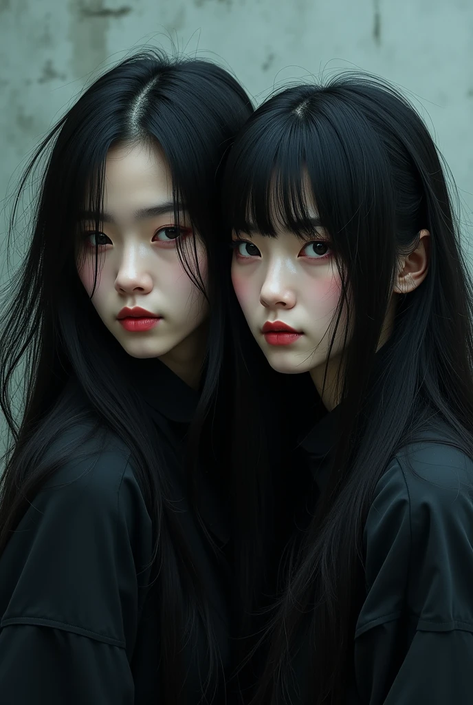 asian woman, black hair, long hair, slender bodies, open eyes, looking at viewer, a woman with two heads standing next to another woman with two heads, bare skin, blonde hair, all women, no man