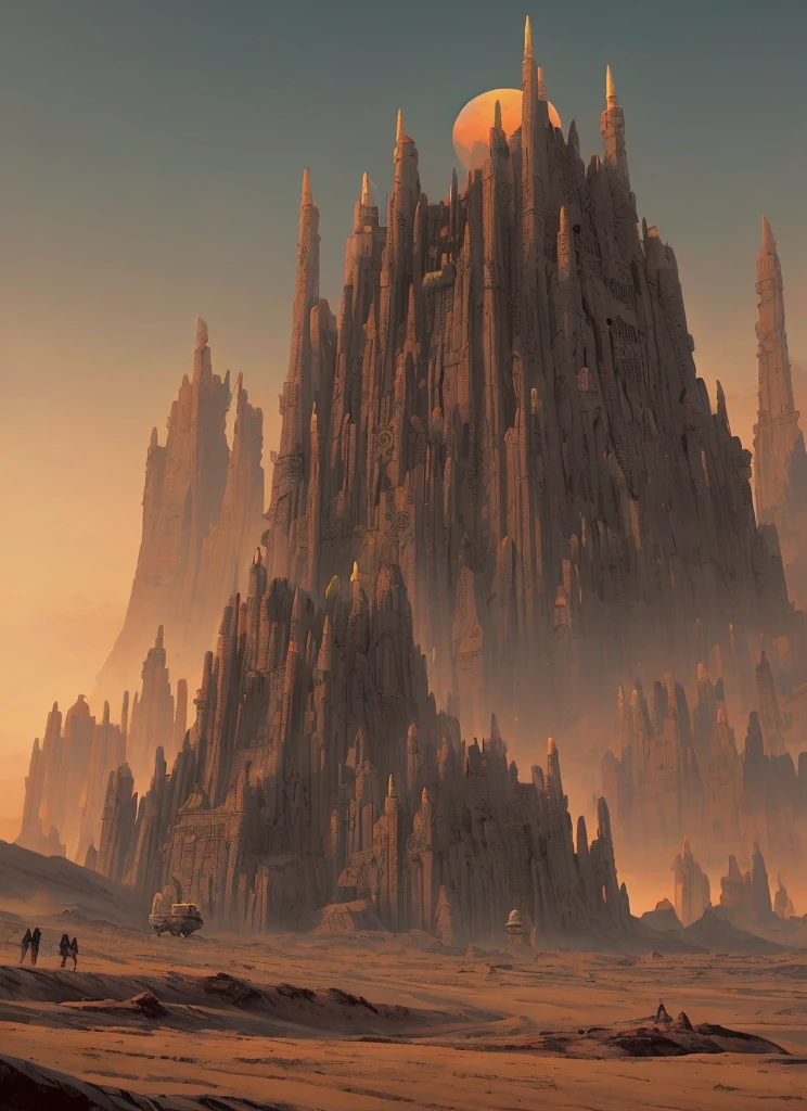 a sci-fi scene, draw of a place, giant temple inspired in india, surounded by dunes in a desert at sunset, post-apocalyptic vibes, futuristic glow, cyberpunk style