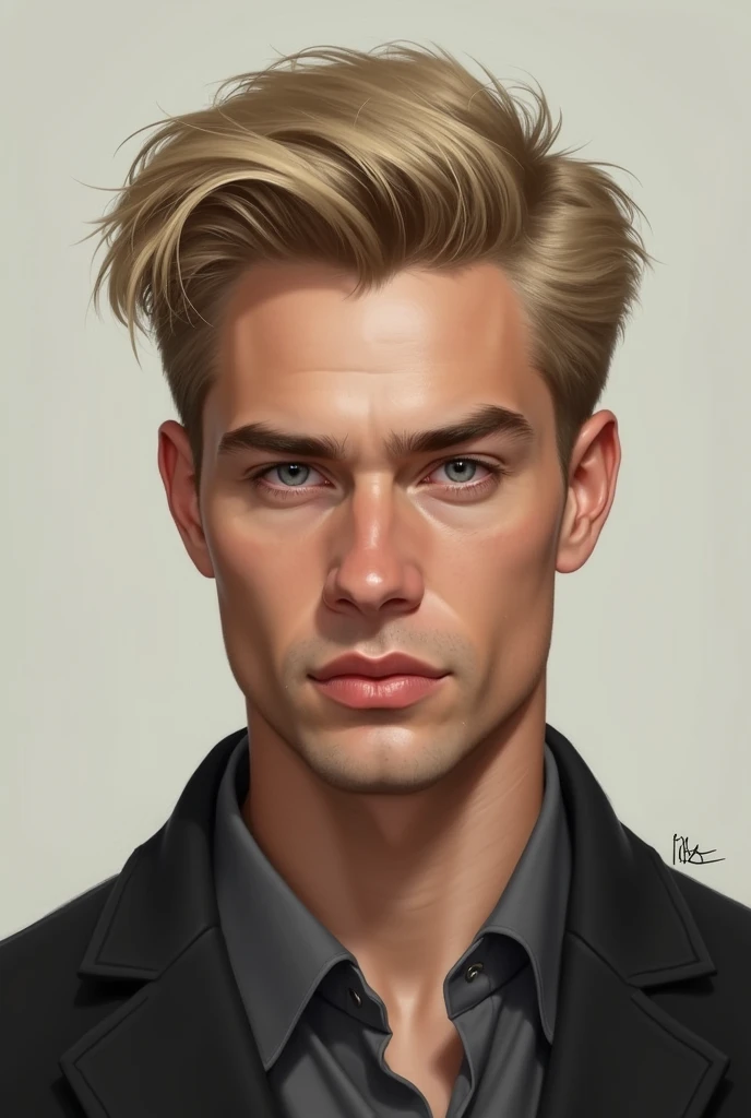 A 30 years old men with blonde short hair and gray eyes