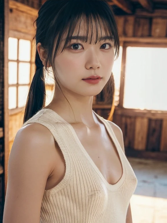 (highest quality,masterpiece:1.3,ultra high resolution),(Super detailed,caustics,8k),(photorealistic:1.4,RAW shooting),1girl,(look down at the camera),(front shot:1.1),(face forward),pony tail,1,cute,Japanese,sleeveless ribbed sweater,(small breasts:1.6),(big boobs),(close up),(breast focus),street,sunshine,Natural light,(Backlight),(A bright light shines from behind),(Lens flare),professional writing,(cowboy shot),(low position:1.3),sad,