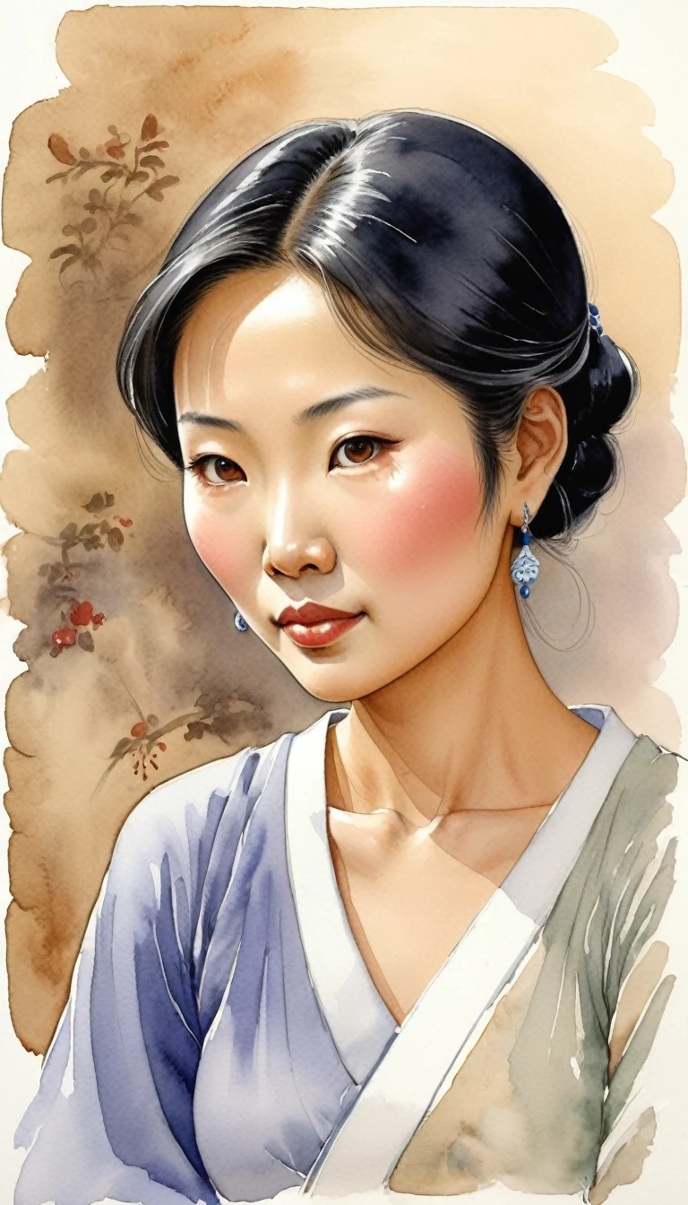 watercolor sketch of a asian woman, illustration by Jean-Pierre Gibrat ,kodew