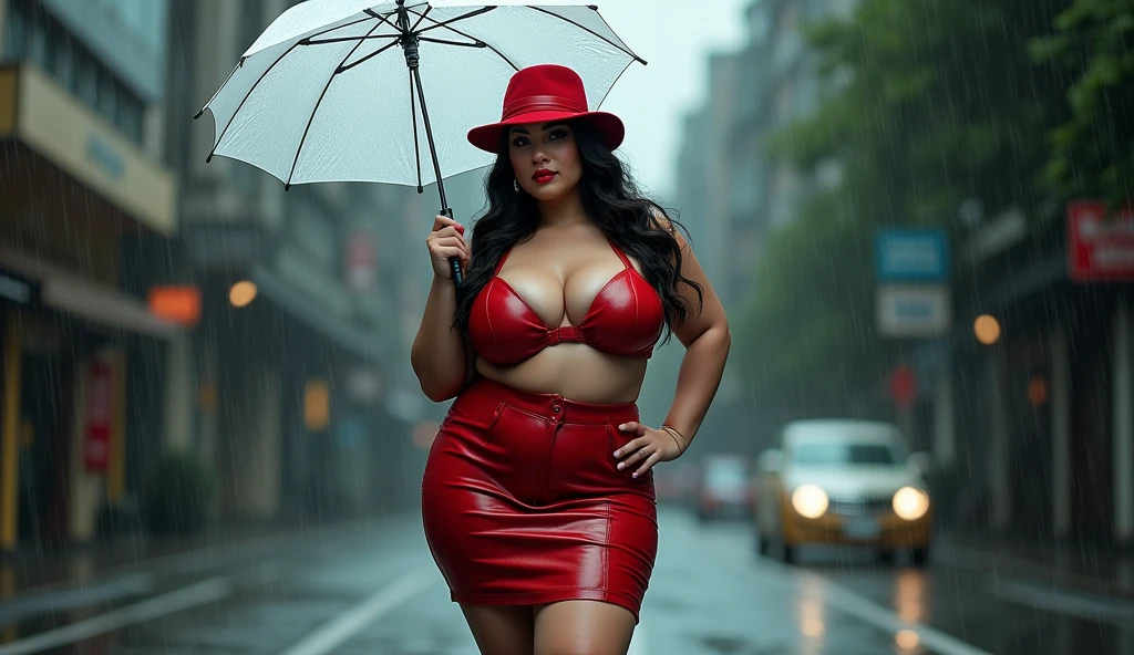 Sexy thick woman wearing a sexy red skirt , wonderful brown hair, wearing black sunglasses,red lipstick, red heels, (masterpiece:1.2) (photorealistic:1.2) (bokeh) (best quality)  (intricate details) (8k) (HDR) (analog film) (canon d5) (cinematic lighting) (sharp focus)