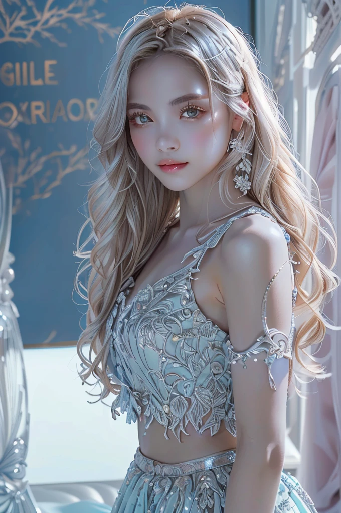 Big eyes,Fuller lips,Thick, puffy lips,Lip balm for shiny lips,Long Wavy Hair, With exquisite embroidery、Sleeveless tops, matching skirt, Silver Arm Accessories, Relaxed pose, Smooth Skin, Soft natural light, Light from the right, Calm and elegant atmosphere, Side view, Shallow depth of field, Balanced Exposure.