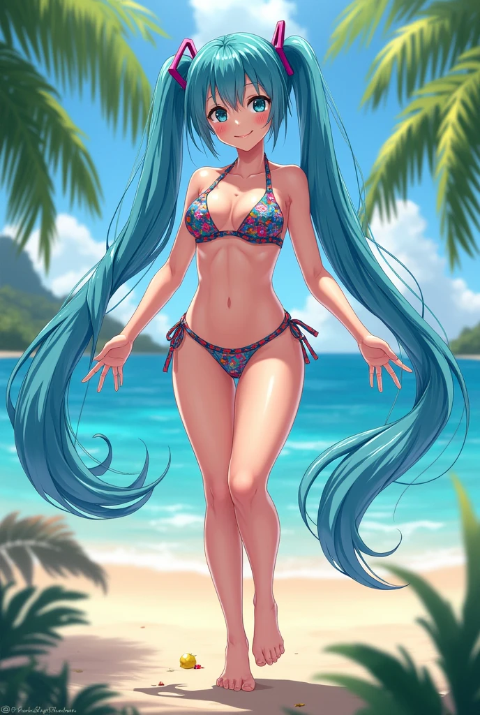 NSFW, sexy, erotic, A stunningly beautiful woman in a swimsuit, standing on a pristine beach. The woman has long, flowing hair, a radiant smile, and is wearing a fashionable bikini that accentuates her figure. The beach is idyllic, with soft white sand, crystal-clear turquoise waters, and gentle waves lapping at the shore. In the background, there are palm trees swaying in the breeze, and the sun is shining brightly in a clear blue sky. The overall scene is vibrant, lively, and exudes a sense of relaxation and enjoyment. --fine-details --hand-precision --high-fidelity --micro-textures --super-resolution