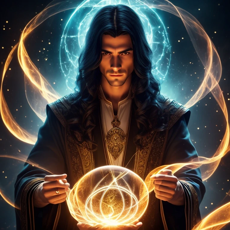 a young handsome androgynous wizard with long black hair, no beard, two perfect hands, perfect gaze, holding a magic sphere, surrounded by magical elements, (best quality,4k,8k,highres,masterpiece:1.2),ultra-detailed,(realistic,photorealistic,photo-realistic:1.37),intricate details,dark fantasy,dramatic lighting,cinematic,moody atmosphere,vivid colors,glowing magic effects