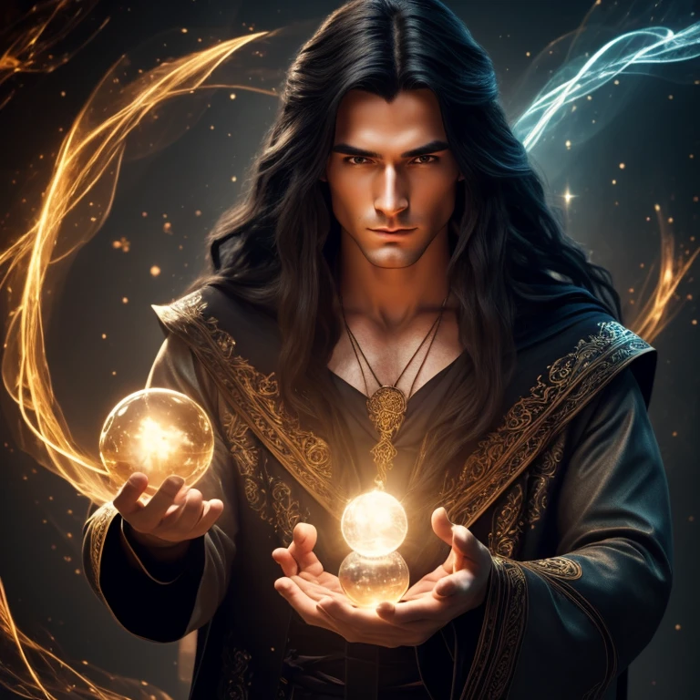 a young handsome androgynous wizard with long black hair, no beard, two perfect hands, perfect gaze, holding a magic sphere, surrounded by magical elements, (best quality,4k,8k,highres,masterpiece:1.2),ultra-detailed,(realistic,photorealistic,photo-realistic:1.37),intricate details,dark fantasy,dramatic lighting,cinematic,moody atmosphere,vivid colors,glowing magic effects