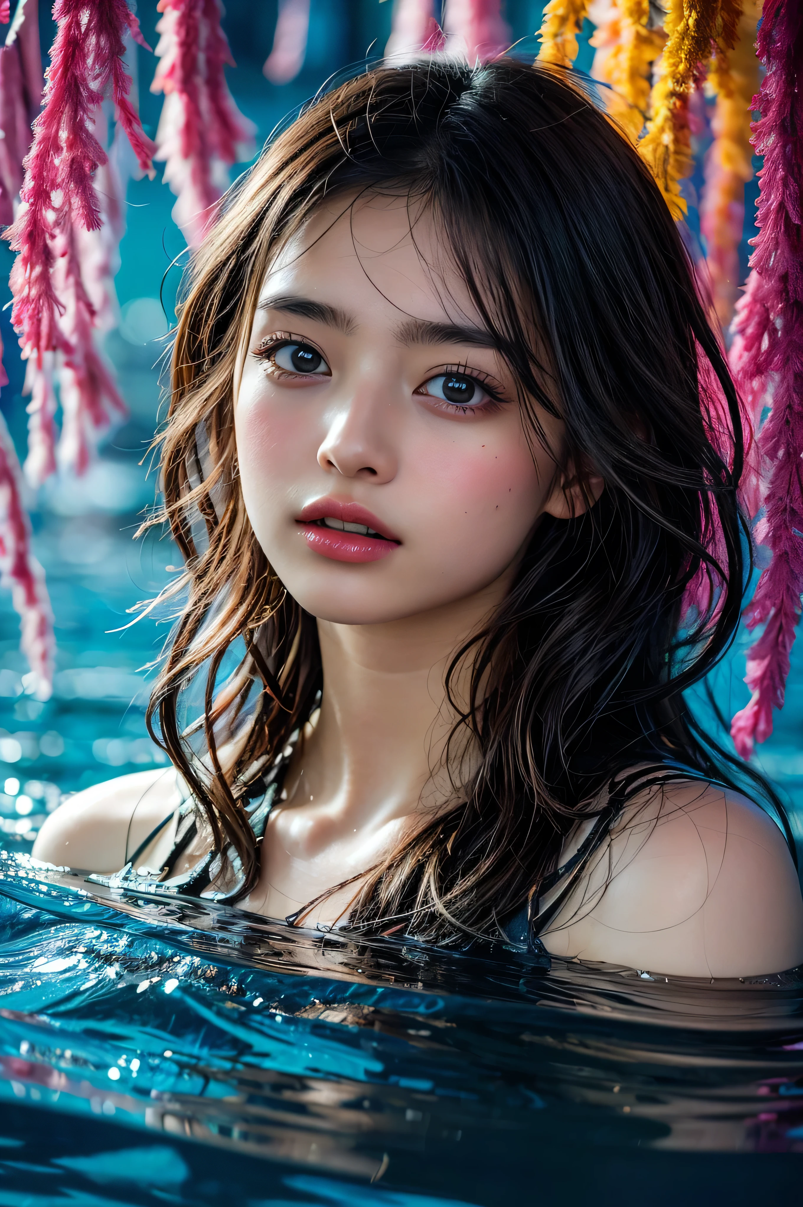 Dive into the depths of imagination with a stunning portrait of a sea nymph, adorned with shimmering scales and cascading locks of seaweed hair, extremely high quality, HD resolution