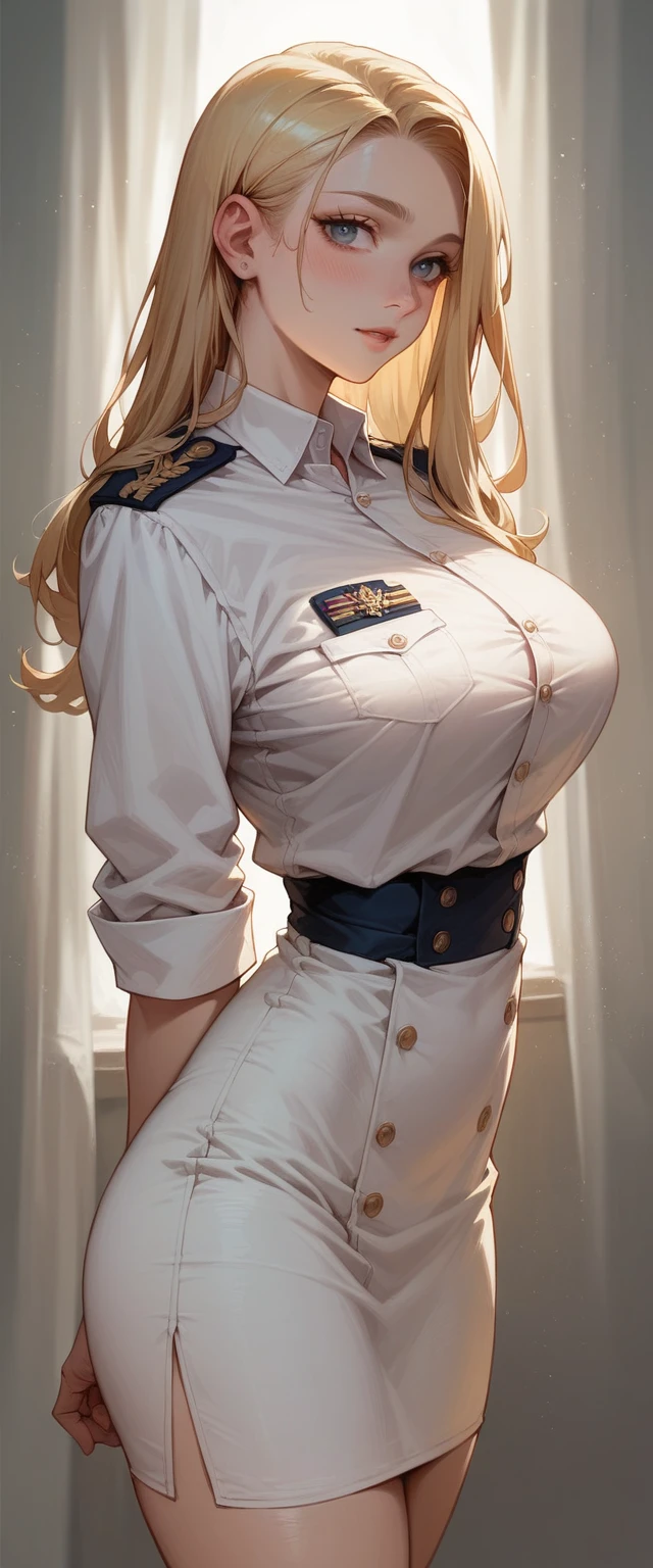 A sexy blonde girl with a voluptuous body wearing a new short naval dress uniform, It&#39;s too sexy and sensual, It has white lingerie with gold, It is for the exclusive use of your wife, a dress with a half-nipple neckline, low-cut back and only covers half of the ass and fishnet stockings that say armi and sexy high-heeled sandals 35 cm high with bows and shiny gold reflective sexy sensual uniform in the neckline has naval flag pants, sexy girl full body white sexy high heel sandals with high white stockings slutty tight dress with neckline that shows the nipple with some snow white stiletto heels and sexy with golden Versace fishnet stockings with shiny reflective golden details like mirrors too daring and sensual 