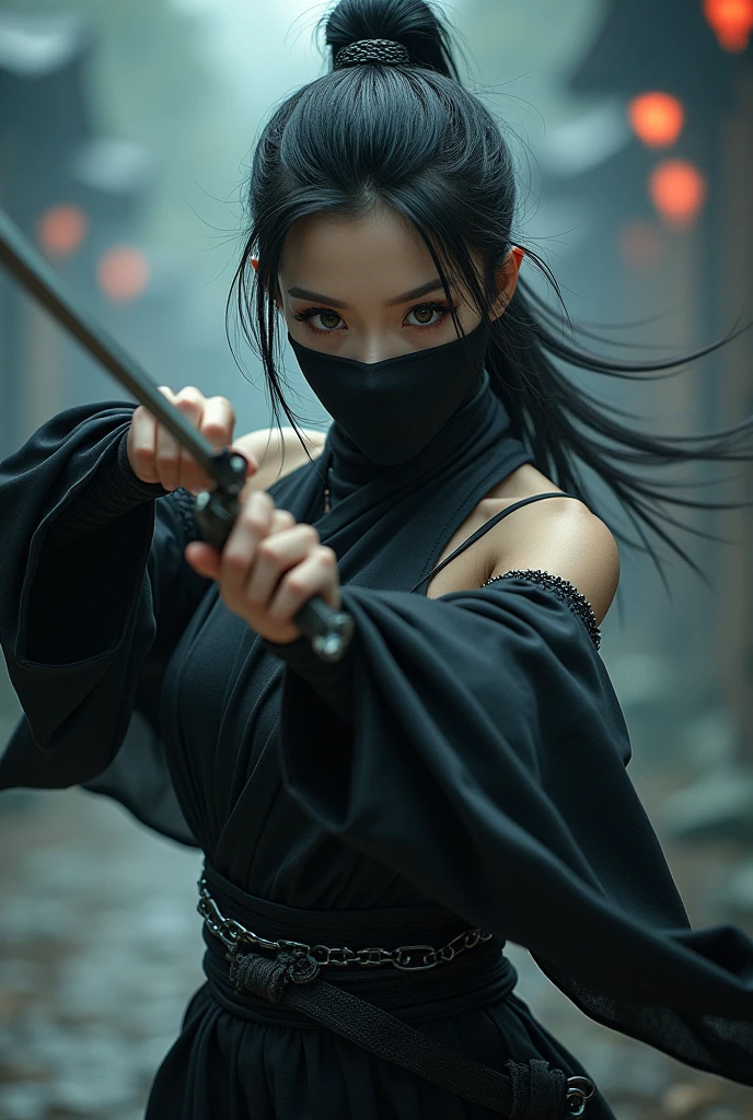 Japanese female assassin wearing a cloth mask and holding a katana beheading her enemy