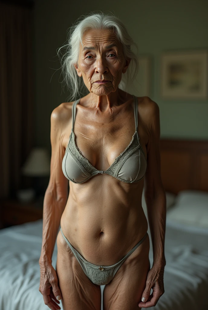 RAW PHOTO, her name is Dolores, high quality, 1 old woman, ((58-year-old slim filipina woman)), (((58 years old))), ((slim body)), ((wrinkled body)), (((old body))), (((long hair))), she is nude, POSE: standing, BREAK, BACKGROUND: indoor: nautical bedroom, film grain ((realistic vagina))