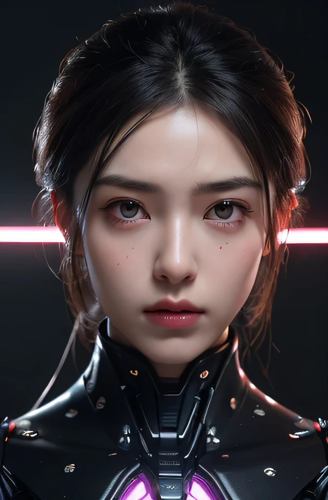 a beautiful woman cyborg warrior in the Style-RustMagic, cyberpunk augmentation, cyberware, cyborg, carbon fiber, chrome, implants, metal skull, cyber plate armor, (dark atmosphere:1.2), (fog & smoke), (dark night:1.3), scars, (dark medium length disheveled hair:1.1), (eyeshadow:1.1), (beautifully detailed glow:1.2), (Cinematic lighting), intricate detail, highres, rounded eyes, detailed facial features, sharp focus, smooth, aesthetic, detailed dark industrial factory background, stylish pose, dynamic pose, (dramapaint), (opt-6000:0.9)