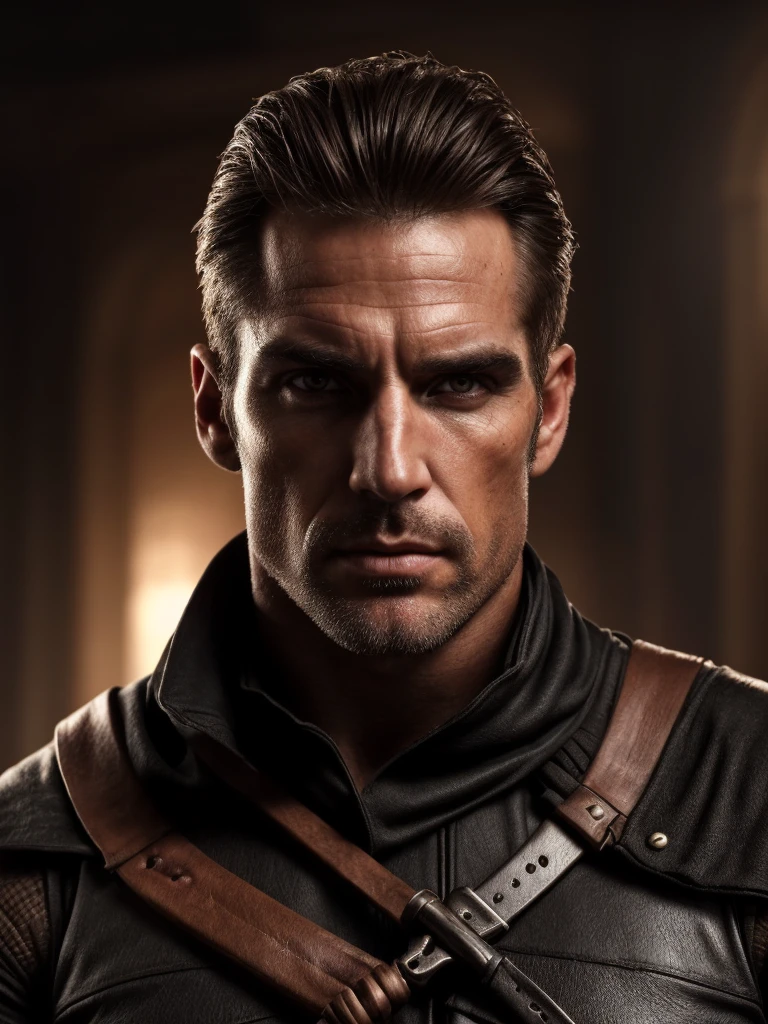 hair, portrait of a ruggedly handsome assassin, muscular, half body, masculine, mature, Retrato de un joven, Muscular very handsome and attractive assassin men, A 40 years old male, Retrato de un joven, real, ( Man in the real ), shirt, a male assassin, beautiful detailed eyes, beautiful detailed lips, extremely detailed eyes and face, assassin outfit, assassin gear, assassin pose, assassin action, dark and moody atmosphere, dramatic lighting, cinematic, dark fantasy, highly detailed, intricate, digital art, concept art, hyper realistic, 8k, ultra-detailed, masterpiece, photorealistic, professional, dramatic colors, chiaroscuro lighting