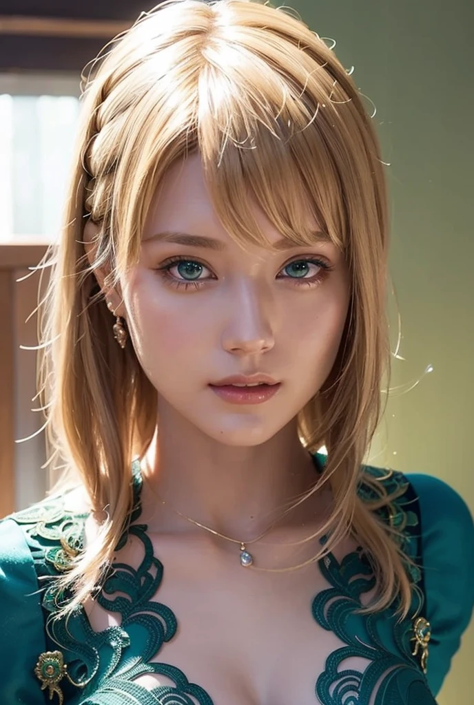 A beautiful blonde girl with captivating, glowing green eyes, elegant and refined, 3D, 8K, Octane rendering, extremely detailed face, intricate and sharp details, smooth rendering style, cinematic studio lighting, masterpiece, ArtStation trending digital art