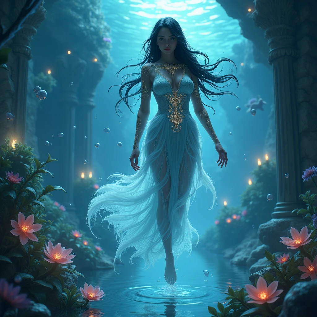 (tranquil underwater palace, masterpiece, best quality), (a woman,, stunning, beautiful, cute face, soft smile, slender arms, plump, mysterious, long blue-black hair, black eyes), (vivid watercolor, tranquility, flowing water, ethereal light), --auto --s2