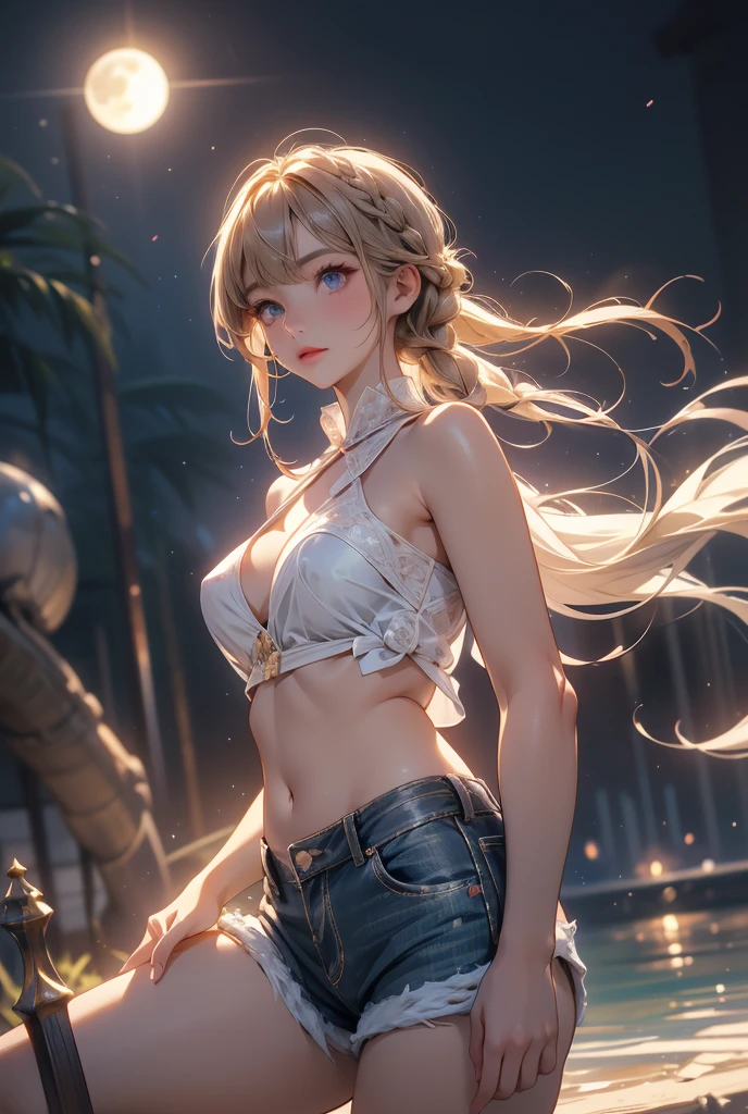 ((masterpiece)), ((Best quality)), (high resolution), (illustration), (an extremely delicate and beautiful), (ultra detailed beautiful face and eyes), nsfw,   1girl, leaning forward,  YukineChris, long hair, purple eyes, twintails, low twintails, ahoge, large breasts,volumetric lightning, moon night,knight_armor
detailed skin texture, detailed, volumetric shadow, anime screencap,Highest quality, Sorceress, ancient lonian nobility, ((tan skin:1.2)), (brown skin color),Long hair, twin braids, hair ornament, wine colored hair, smile, Below average size breasts, bare shoulders, Leg spread、Groin、Yukine Chris、Wet condition
nude、Wet_shirt,Wet _underwear、tear_underwear
8K, masterpiece, Best_quality, high_resolution, ultra_details, detailed, 1girl, 独奏, looking_at_viewer, upper_body, braid, bangs, white_hair, hair_ribbon, hair_between_eyes, blue shorts、style(open_reg,hip_up)

sidelocks,depth_of_field,french_braid, sharp focus, perfect hands, perfect face, perfect eyes, perfect light, dynamic light, natural light, Masterpiece, Best quality, Cang、green、moon、