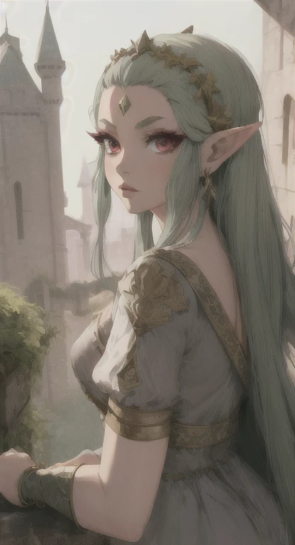 Ancient Hylian, princess Hylia, red eyes, looking at viewer, POV, ancient princess dress, long messy hair, ancient Hyrule, medieval castle, 