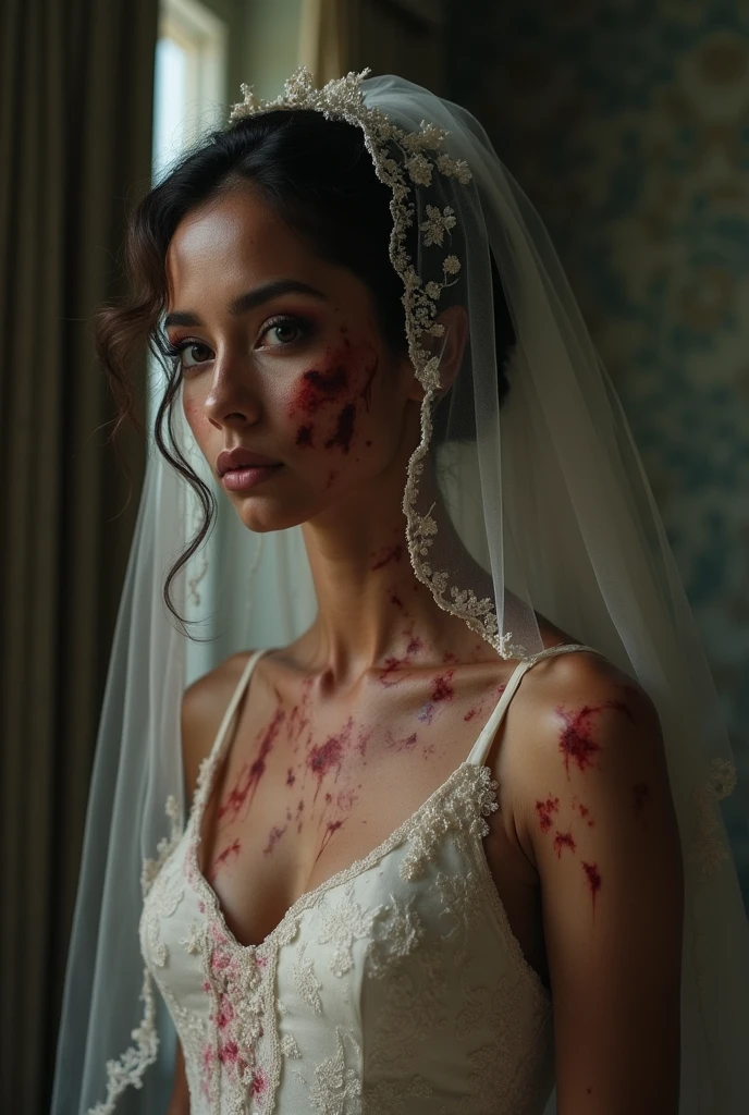 Busty, bloody ghost in a torn, bloody wedding dress exposing some skin. Looking at viewer with completely black eyes. Holding a knife to her throat and smiling in a murderous mannner. Realistic and terrfying. Foggy