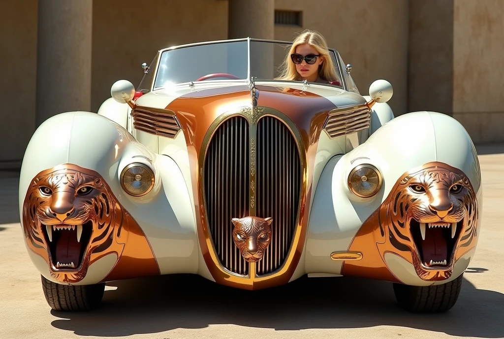 side view of 1937 delahaye 135 hotrod convertible limousine car with 4 front fenders with 4 thick and wide front and 2 rear wheels, white color with two large heads of huge tigers with open mouths in polished and shiny copper in place of the fenders, a tiger head in the middle in place of the radiator, has shiny gold Arabic inscriptions on the radiator, there is a beautiful 20 year old girl with blonde hair and sunglasses driving.