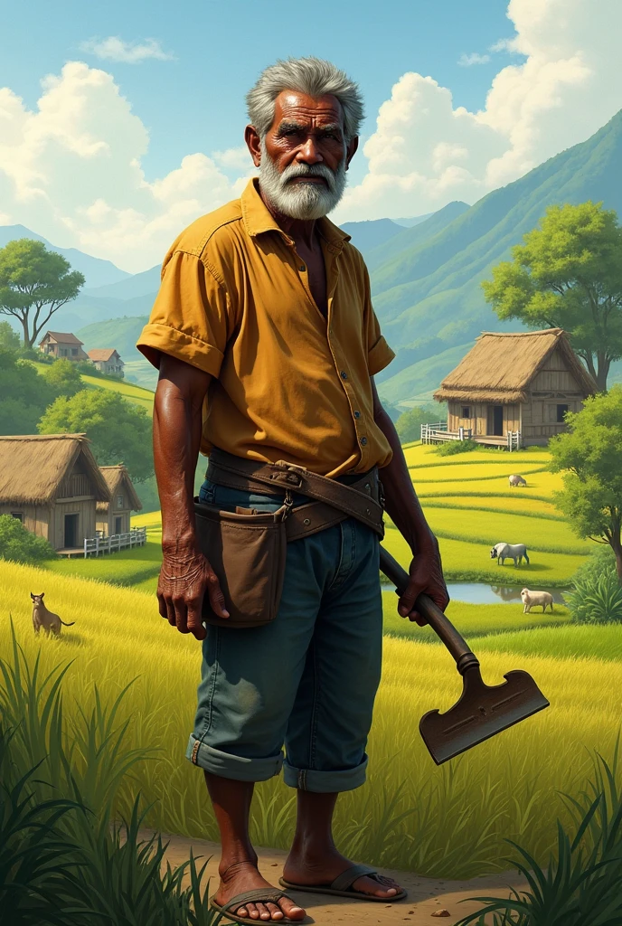 An 80-year-old Angolan elder, a little hunchbacked, tall and strong, wearing brown pants and a starched white shirt, barba, White hat, walking stick and smoking a pipe, Grinning, rosary around the neck, in the background a wooden house and many medicinal herbs