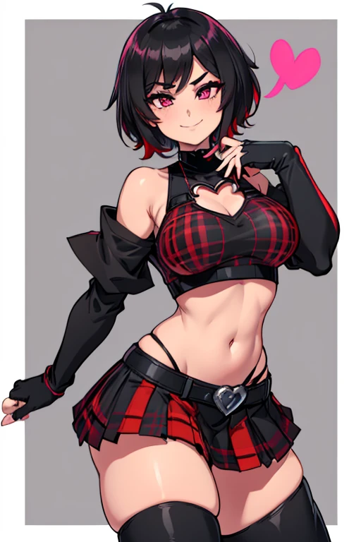 20 year old woman, busty, large breasts, bubble butt, hourglass figure, skinny, blushing, shocked expression, horny, seductive, short hair, black hair, red streaked hair, bangs, wearing, leather jacket, cocktail dress, tights, heeled boots, tight fitting clothing, cleavage, flat colours, anime, ecchi anime style, at rave, nightclub, heavy makeup, kissable lips, punk, punk style, punk hair, hentai, manga, ahegoe, random porn pose, ruby rose, rwby