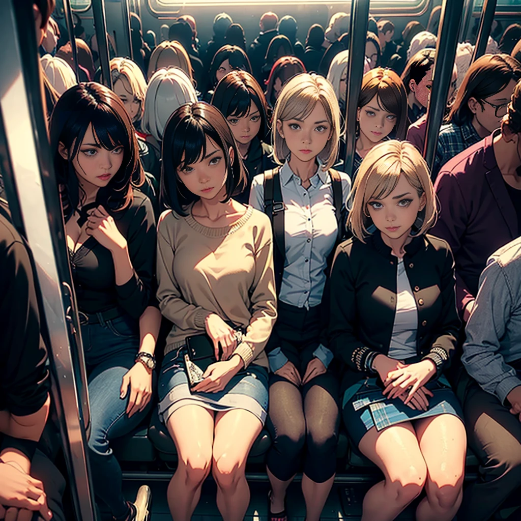 a number of women in a crowded train, sitting on seats, holding onto handrails, standing, facing away, looking back at the viewer, detailed facial features, detailed clothing, photorealistic, masterpiece, vibrant colors, dramatic lighting