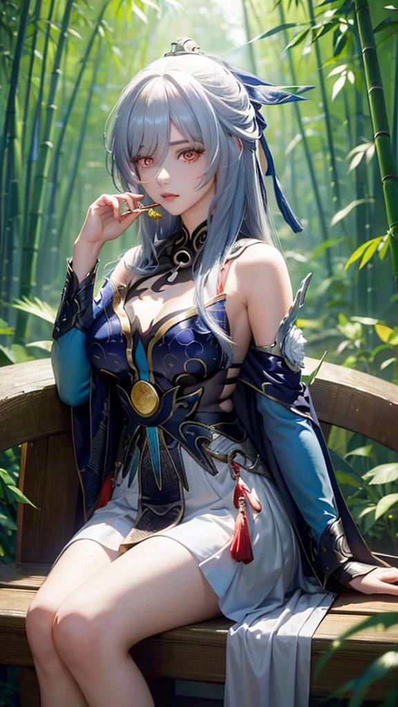 Lush bamboo forest，Calm down，beauty，oriental woman，Phoenix Eyes，hair accessories，long hair shawl,Big breasts，Wearing green ancient fairy robe，Sitting by the bamboo forest，Play the flute solo