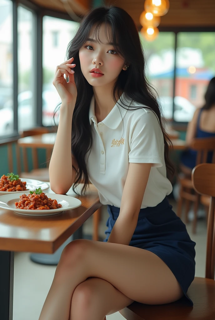 (((1girl in)):1.3),((anatomy correct):1.45)，(Manset T-Shirt Shorts)、(Torn low-rise black shorts:1.2),((((((Patterned))))) ,(pantyhose):1.3),( Camel colored boots:1.1)，Structurally correct,  high detailing, super detailing,  (wool coat:1.2)、((A smile))、((Across the table))、full body Esbian、Beautiful Face Woman、32years old、((very Bigger breasts))、pointed chest、long eyeslashes、Colorcon、Big 、Very detailed eyes、Highly detailed eyebrows、（Sharp Eyebrows）、（Thin eyebrows）、Dining hall、(Eat curry rice)、(((Curry rice on the table)))、brunette disheveled hair
