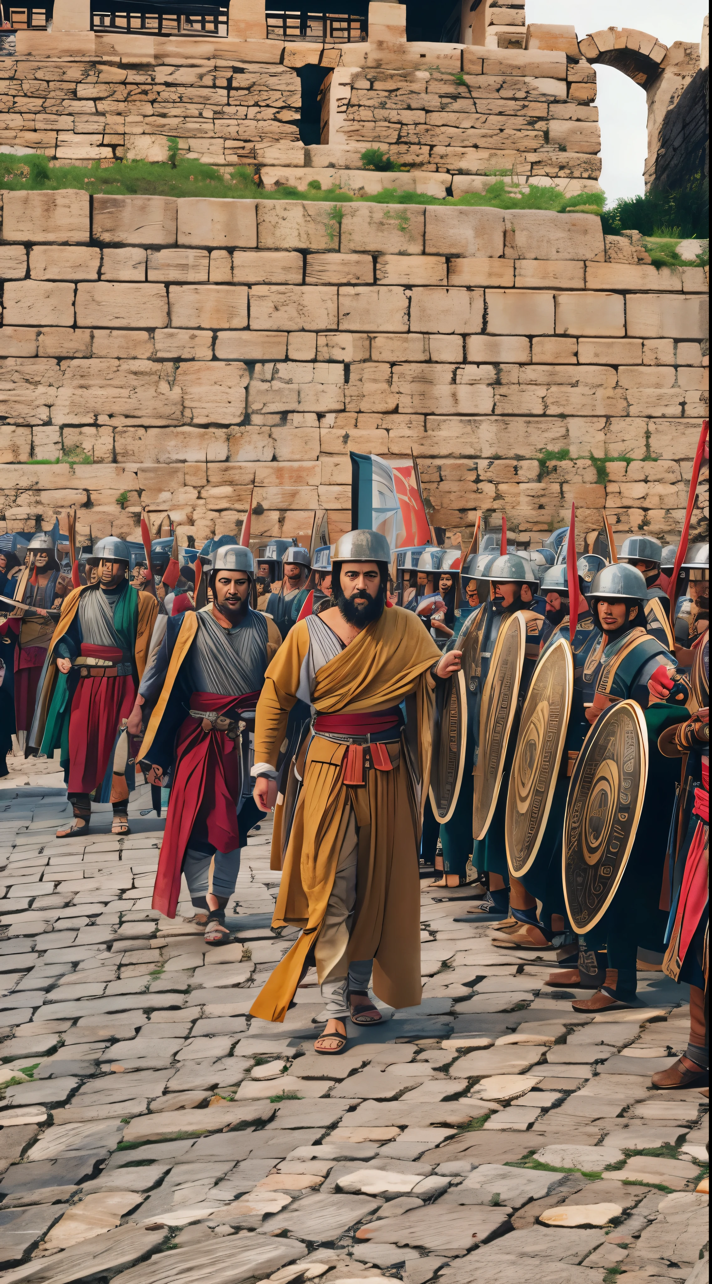 with high definition images，A scene from a movie、In front of the walls of ancient Troy。Magnificent city walls、The Greek hordes are attacking（Stones of a castle wall standing tall by the sea）Faithfully reproduced、Overwhelming power。