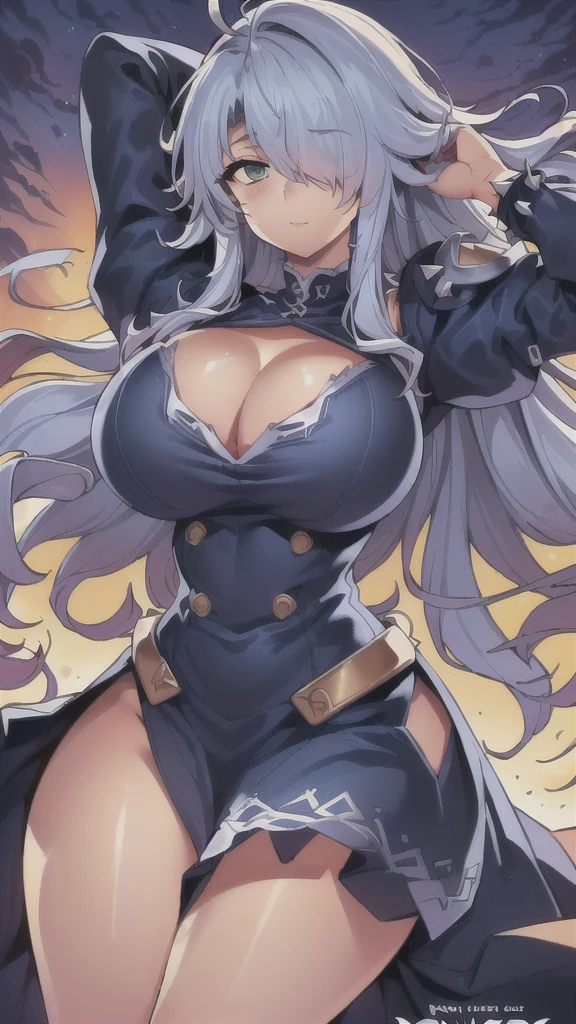 masterpiece,best quality,kim_kwang_hyun, 1girl, azuma,large Long  hair, denim-blue colored hair, Bangs (((hair over one eye), ahoge, plumpy, solo, navy-blue colored  hair, large huge breasts, looking at viewer, blue-green eyes, navy-blue colored hair, Bangs (((hair over one eye), big bosom, large huge breasts, long sleeves, dress, cleavage, closed mouth, weapon ((large spiked-club)), puffy sleeves, arm up, clothing cutout, copyright name, purple dress, cleavage cutout, juliet sleeves , power armor, shoulder armor, large long hair, hair over one eye, navy-blue colored hair, blue-green eyes, ahoge