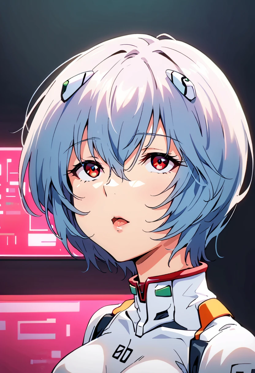 (Highest quality:1.2),One girl,alone,Ayanami Rei,White bodysuit,Red eyes,Pilot Suit,short hair,Blue Hair,bangs,Interface Headset,turtleneck,Hair between the eyes,Pixelated Background,Neon Light,Sci-Fi Color Scheme,Vibrant colors,Metallic texture,Detailed shading,Holographic interface,Dark atmosphere,High Contrast,Sharp focus,Twigs of hair,Reflective surface,Exquisite detail,High resolution,Studio Lighting,Red accents,Illuminated surroundings,Artificial Intelligence Assistant、Ahegao
