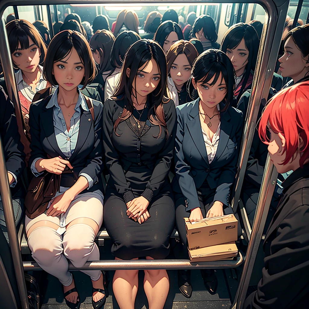 a group of women in a crowded train, facing away, looking back at the viewer, detailed facial features, detailed clothing, photorealistic, masterpiece, vibrant colors, dramatic lighting