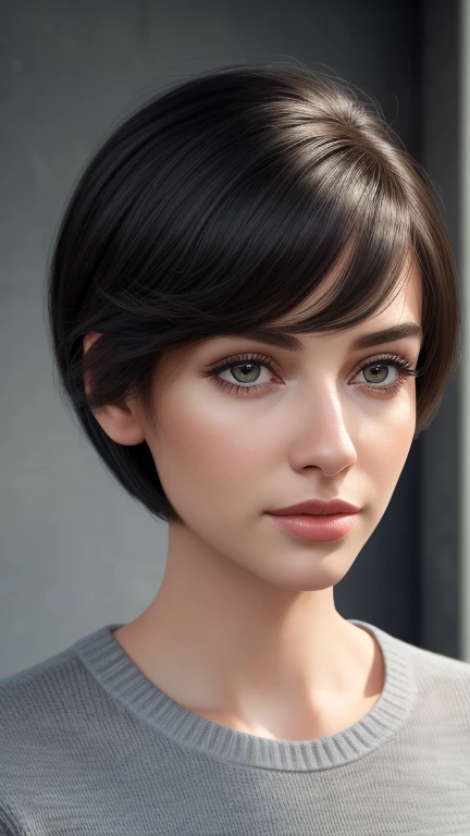 (In 8K, Highest quality, masterpiece:1.2), (Realistic, Realistic:1.37),(((Real People)))),（（She is look forward to and looking at me））,Very detailed,The background is all gray walls ,1 person, woman, Black Hair, ((Her hairstyle is a super short bombshell haircut.))）, (Look up at the viewer from below),look forward to , She's tired（He has a scary face glaring angrily at the viewer.）,womanは足を広げてしゃがんだ姿勢になっている. ,Well-proportioned and beautiful figure,The beauty of trained muscles,Abdominal muscles,She has her hands behind her head and is showing off her sexy muscles.,Show off your muscular body、(Lingerie that was two sizes too small for her.),（大前提として下着はNo fabricのSee through,Reveal lingerie）,(Very small bikini:1.2),(Tight Bikini),
陰毛と陰部の筋がSee through small cup See through sexy bra,Panties are 3 sizes smaller than body size ＳＳSize Wear Contents：朱色のTバックNo fabric紐,Front part（No fabric）nylon, See through, And digs into the man&#39;s muscles.((A See through cameltoe showing the swollen pubic area and pubic hair陰部真ん中に筋(0.1)))Ultra-thin nylon, See through, Super High Cut, sharpＶ,On a black background、Sexy stockings with a dark blue four-strap garter belt,The genitals swell,