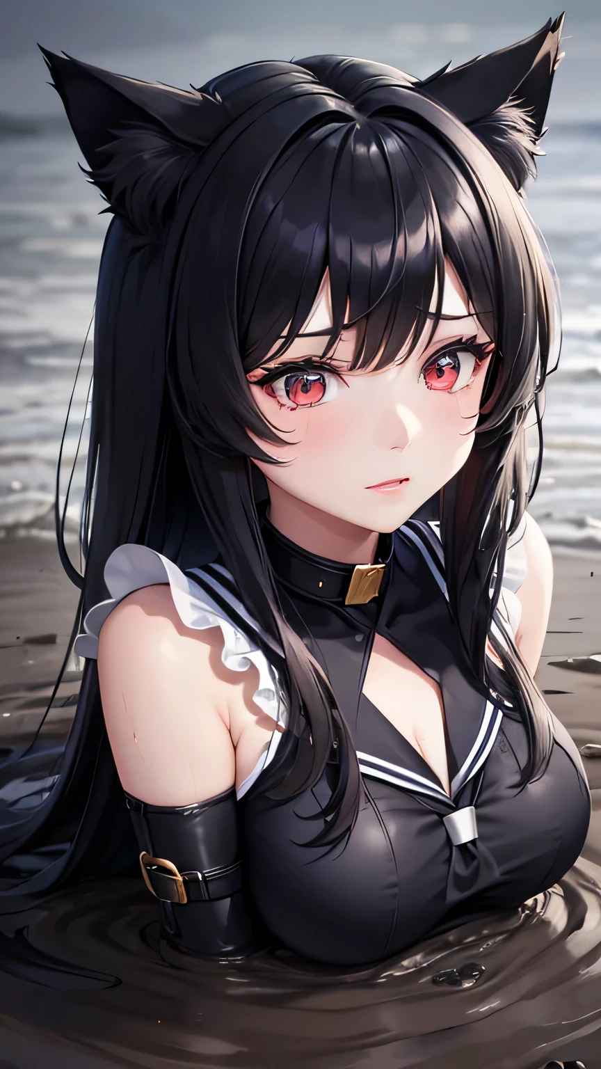 best quality, glowing red eyes, black hair, horny eyes, sitting forward to the viewer, beach,, looking at viever, huge ass, black wet one-piece swimsuit, sitting on a rock, nsfw ,disgusted facial expression, big , face zoom, facial gesture, sharp teeth, disgusted, corruption eyes, armpit showed, huge cocks, big black cock on a head