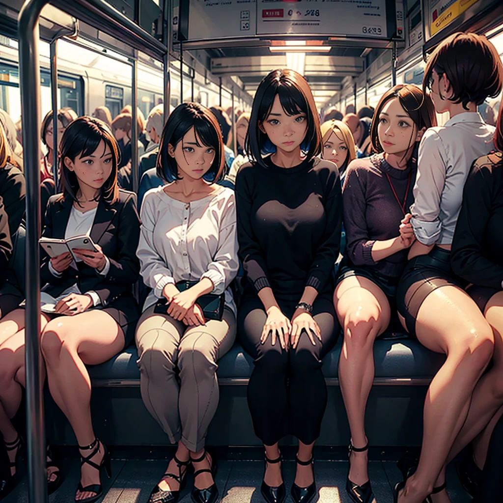 a group of women in a crowded train, standing, sitting, facing away, looking back at the viewer, detailed facial features, detailed clothing, photorealistic, masterpiece, vibrant colors, dramatic lighting