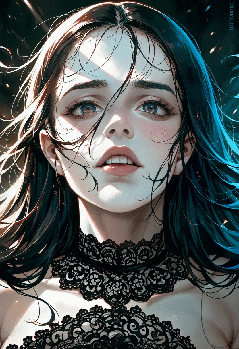 A beautiful emo girl with intense facial expression, extreme pleasure, lace thong, detailed facial features, long hair, pale skin, emotional, erotic, sensual, intimate, masterpiece, 8k, photorealistic, chiaroscuro lighting, dramatic shadows, cinematic composition