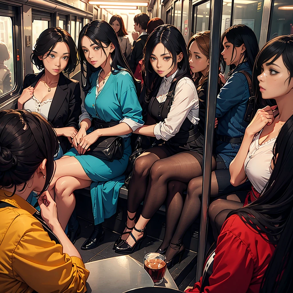 a group of women in a train, facing away, looking back at the viewer, detailed facial features, detailed clothing, photorealistic, masterpiece, vibrant colors, dramatic lighting