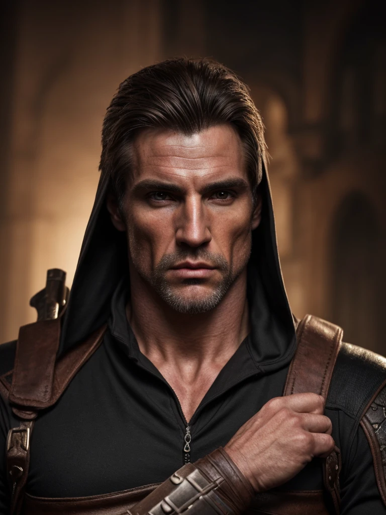 hair, portrait of a ruggedly handsome assassin, muscular, half body, masculine, mature, Retrato de un joven, Muscular very handsome and attractive assassin men, A 40 years old male, Retrato de un joven, real, ( Man in the real ), shirt, a male assassin, beautiful detailed eyes, beautiful detailed lips, extremely detailed eyes and face, assassin outfit, assassin gear, assassin pose, assassin action, white and moody atmosphere, dramatic lighting, cinematic, fantasy, highly detailed, intricate, digital art, concept art, hyper realistic, 8k, ultra-detailed, masterpiece, photorealistic, professional, dramatic colors, chiaroscuro lighting