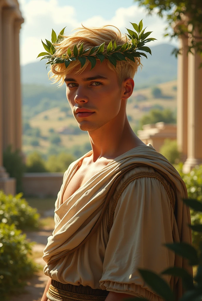 Greek god Apollo sitting on a throne, blue eyes, golden hair, wearing a transparent silk toga, perfect body, handsome face, penis, surrounded by majestic clouds and rays of sunlight, in the heavens with a magnificent view of the Greek landscape in the background, including ancient ruins and a serene sea. [landscape] [detailed clouds] [vibrant colors] [natural lighting] [intricate details] [harmonious composition] [ethereal atmosphere] [timeless beauty]