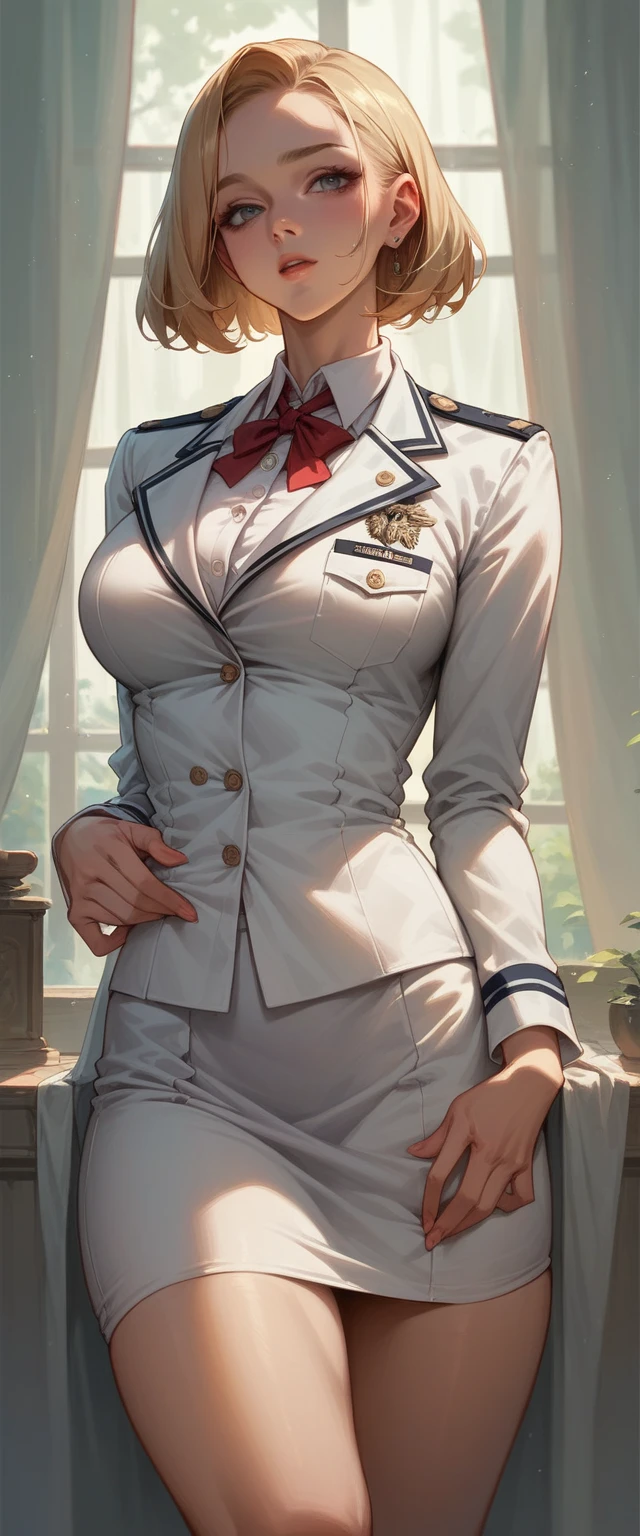 A sexy blonde girl with a voluptuous body wearing a new short naval dress uniform, It&#39;s too sexy and sensual, It has white lingerie with gold, It is for the exclusive use of your wife, a dress with a half-nipple neckline, low-cut back and only covers half of the ass and fishnet stockings that say armi and sexy high-heeled sandals 35 cm high with bows and shiny gold reflective sexy sensual uniform in the neckline has naval flag pants, sexy girl full body white sexy high heel sandals with tall white stockings slut tight dress with nipple-revealing neckline with sexy snow-white stiletto heels with gold Versace fishnet stockings with shiny reflective gold details like mirrors lesbian couple xxx sex toys 