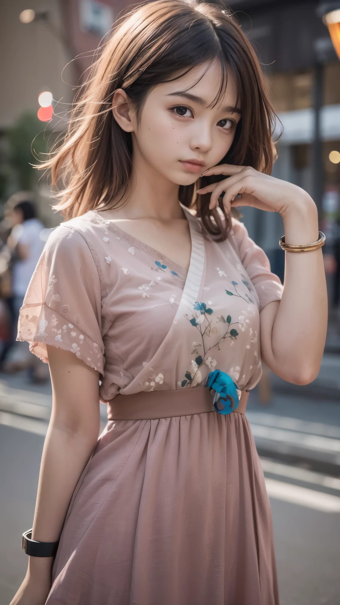 (masutepiece, Best Quality:1.5), 8K, ar old, 85 mm, Official art, Raw photo, absurderes, violaceaess, gardeniass, Upper body, close up, Solo, Delicate girl, China dress, Street, Bokeh background, Looking at Viewer, natural, Candid, (Summer, Standing, sideshot:0.6), Sharp Focus, face lights, Eyes and faces with detailed, (perfect hands:1.2)