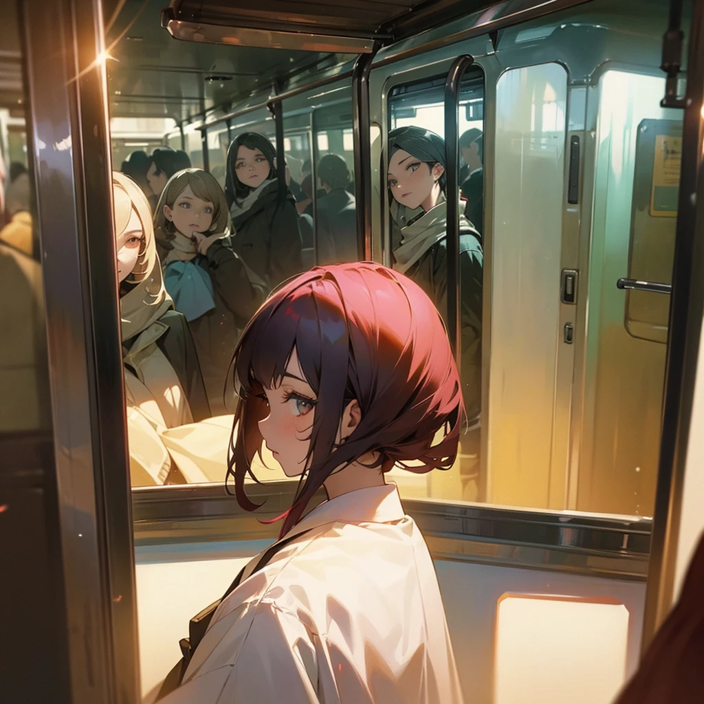 a group of women in a train, facing away, looking back at the viewer, detailed facial features, detailed clothing, photorealistic, masterpiece, vibrant colors, dramatic lighting