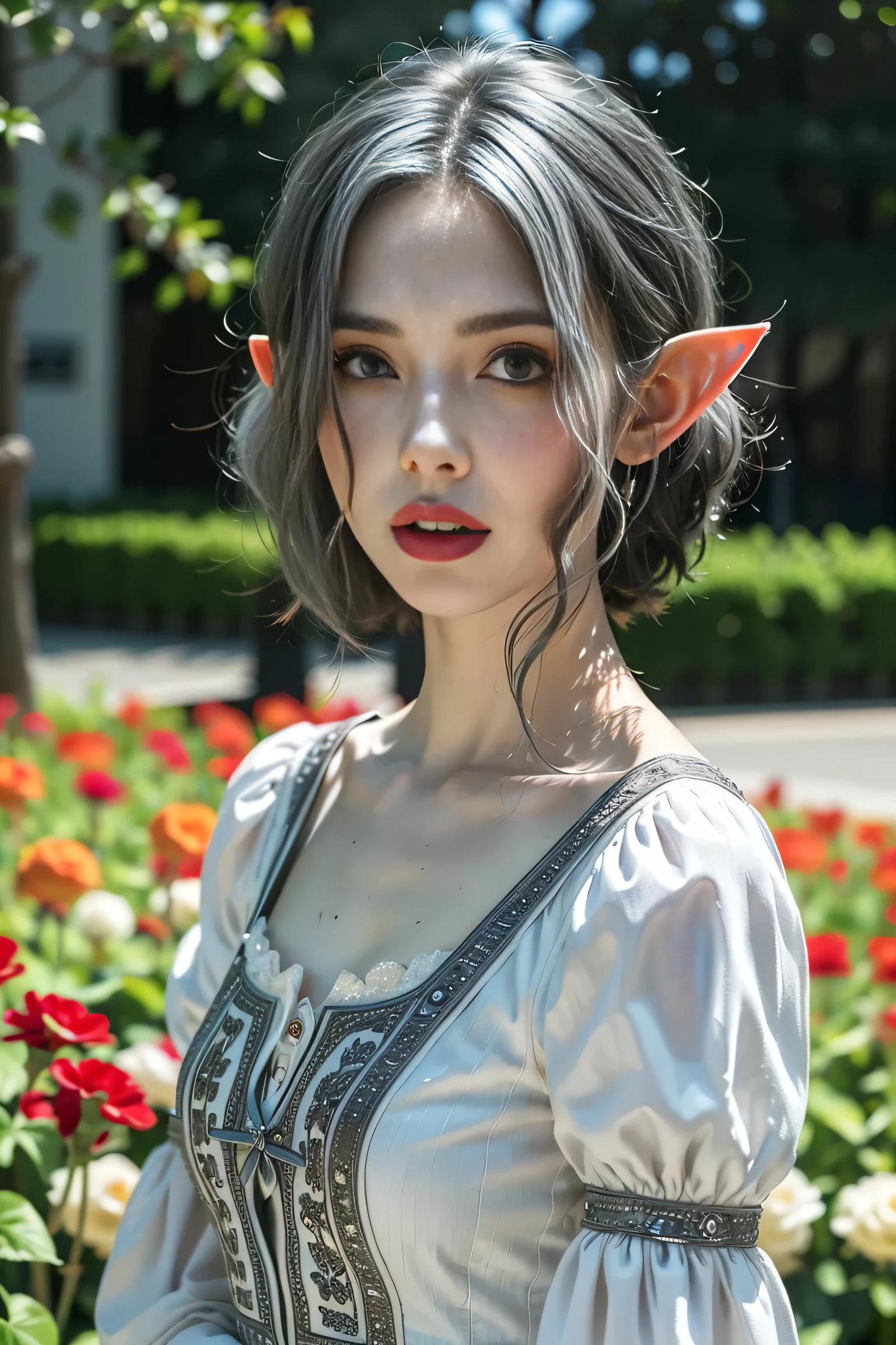 (masterpiece, best quality), super detailed, portrait, 1girl, beautiful girl, elf, (upper body), gray eyes, white dress, short hair, ((silver hair)), standing, flower garden in Background, soft lighting