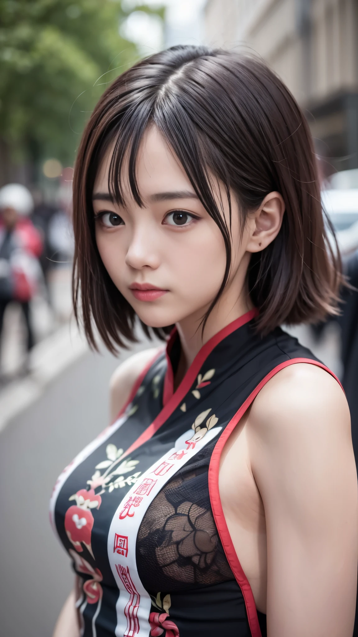 (masutepiece, Best Quality:1.5), 8K, ar old, 85 mm, Official art, Raw photo, absurderes, violaceaess, gardeniass, Upper body, close up, Solo, Delicate girl, ((more revealing sideless China dress)), Street, Bokeh background, Looking at Viewer, natural, Candid, (Summer, Standing, sideshot:0.6), Sharp Focus, face lights, Eyes and faces with detailed