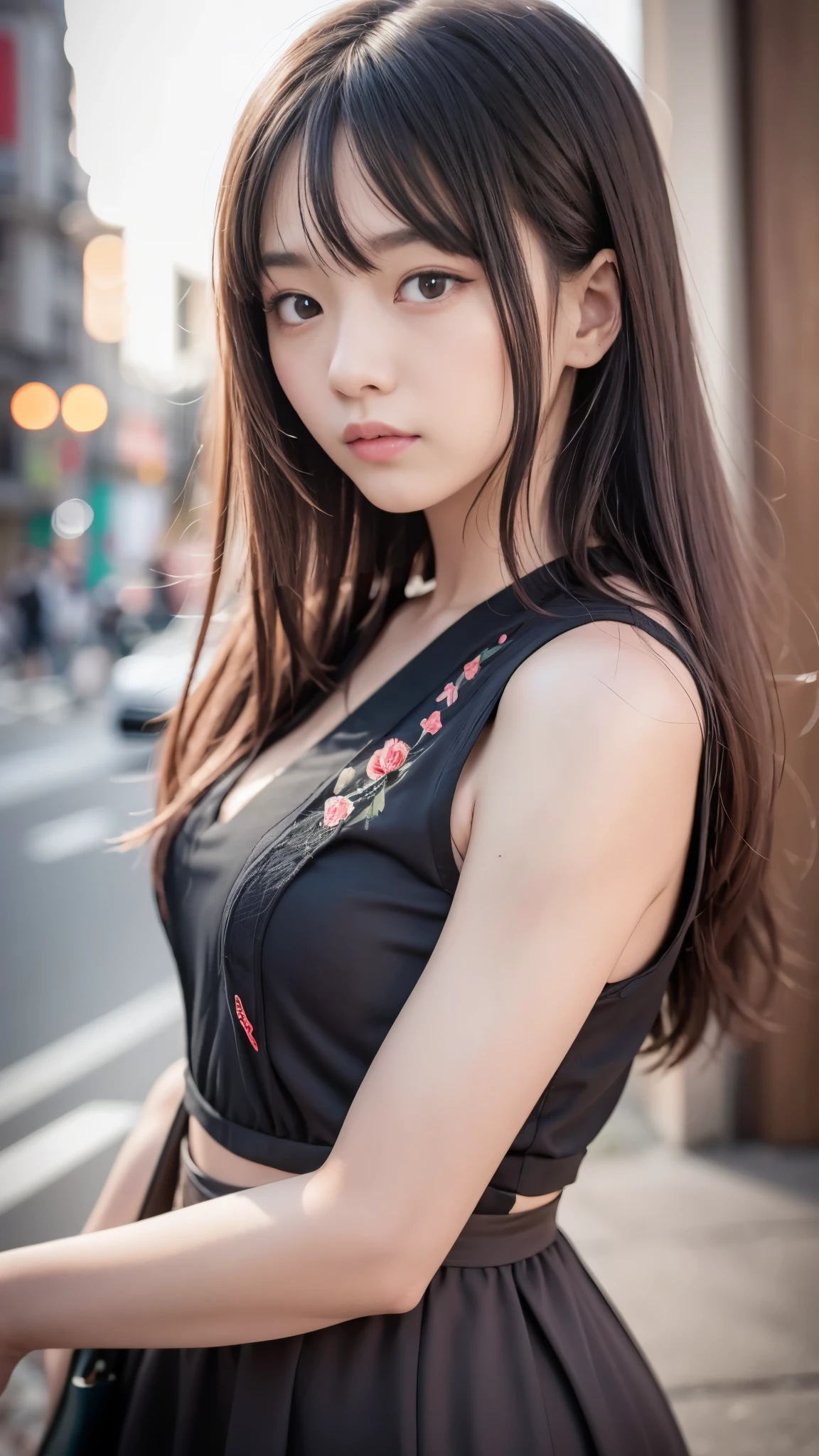 (masutepiece, Best Quality:1.5), 8K, ar old, 85 mm, Official art, Raw photo, absurderes, violaceaess, gardeniass, Upper body, close up, Solo, Delicate girl, China dress, Street, Bokeh background, Looking at Viewer, natural, Candid, (Summer, Standing, sideshot:0.6), Sharp Focus, face lights, Eyes and faces with detailed