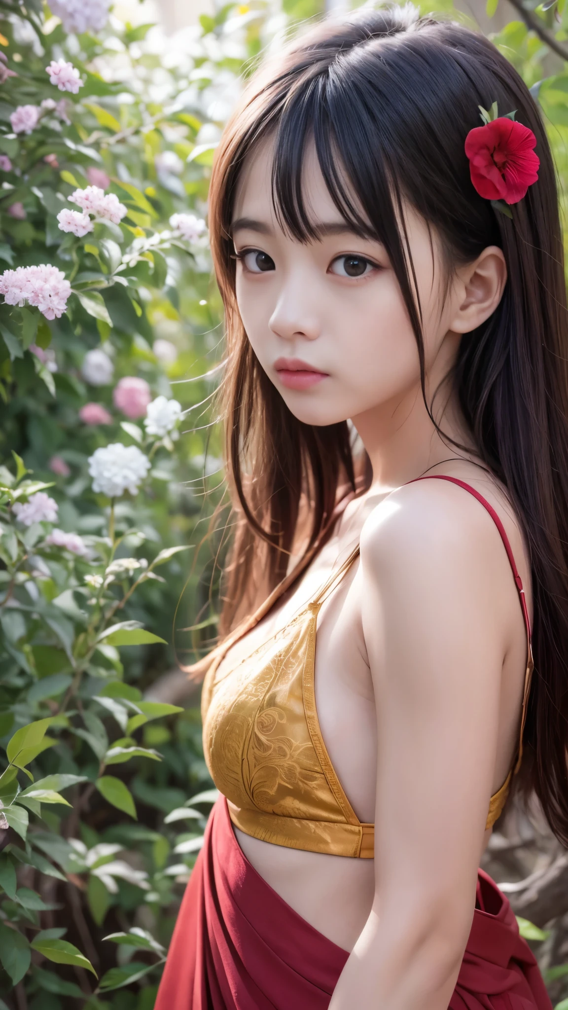 (masutepiece, Best Quality:1.5), 8K, 16year old, 85 mm, Official art, Raw photo, absurderes, violaceaess, gardeniass, Upper body, close up, Solo, Delicate girl, China dress, Street, Bokeh background, Looking at Viewer, natural, Candid, (Summer, Standing, sideshot:0.6), Sharp Focus, face lights, Eyes and faces with detailed