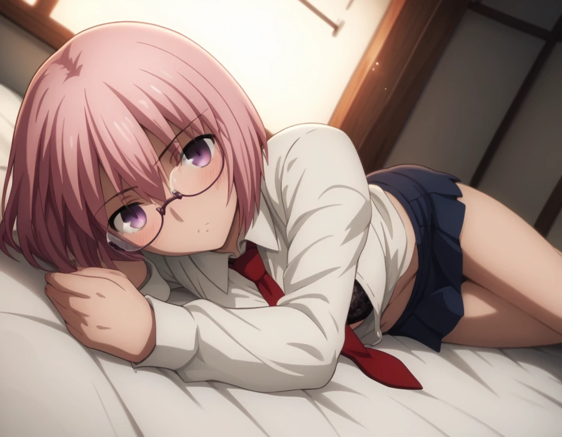 sauce_anime, ambient light,
fsn_ubw_style, 1girl ,tall girl, straight hair ,bob cut hair, pink hair, deep purple eyes, ( detailed eyewear ), hair between eyes, perfect eyes , Perfect face, expressive eyes, close up face:0.2 ,  
white open  shirt, lace bra, mini skirt,  ,(slender body), slim body, red necktie,
indoors, bed, realistic bed room, on side, ,
cowboy shot, looking at viewer, solo, dutch angle, blush, medium breast, 