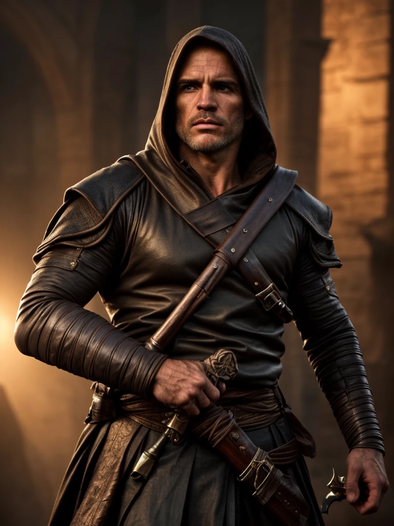 hair, portrait of a ruggedly handsome assassin, muscular, half body, masculine, mature, Retrato de un joven, Muscular very handsome and attractive assassin men, A 40 years old male, Retrato de un joven, real, ( Man in the real ), beautiful detailed eyes, extremely detailed eyes and face, assassin outfit, assassin gear, assassin pose, assassin action, white and moody atmosphere, dramatic lighting, cinematic, fantasy, highly detailed, intricate, digital art, concept art, hyper realistic, 8k, ultra-detailed, masterpiece, photorealistic, professional, dramatic colors, chiaroscuro lighting